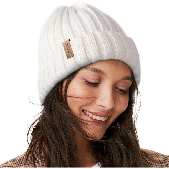 Women’s White Winter Fleece-Lined Chunky Knit Beanie Snow Hat Cap main image 5